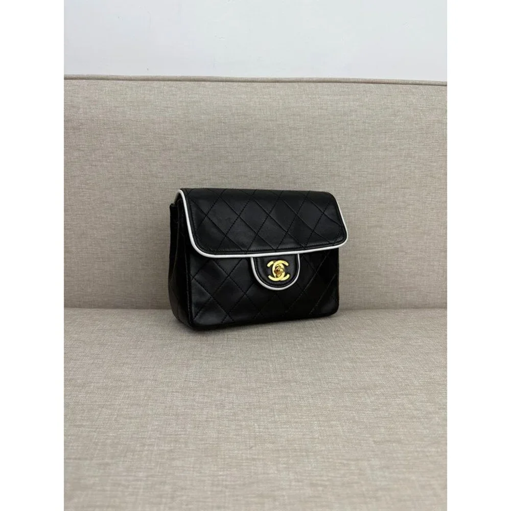 CHANEL Black Lambskin Mini Square Flap Bag White Trim GHW